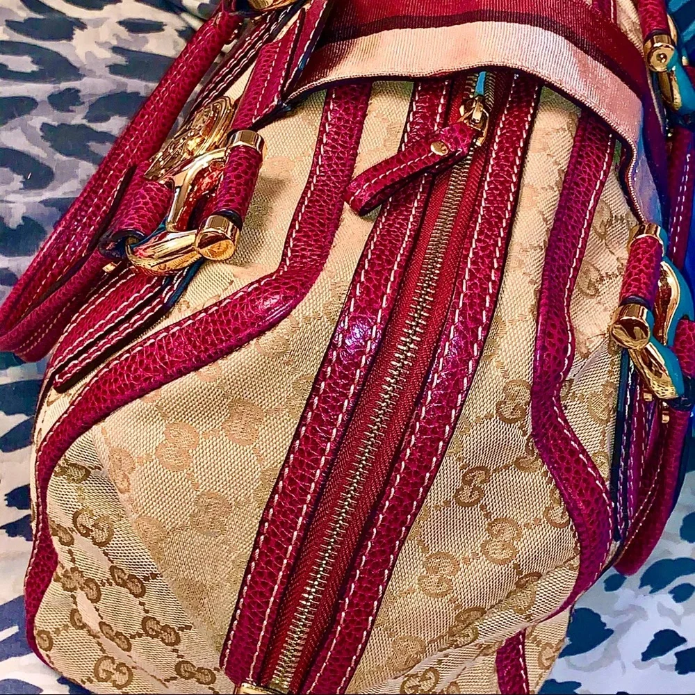 Classic Satchel Red Leather Trim & Beige Canvas